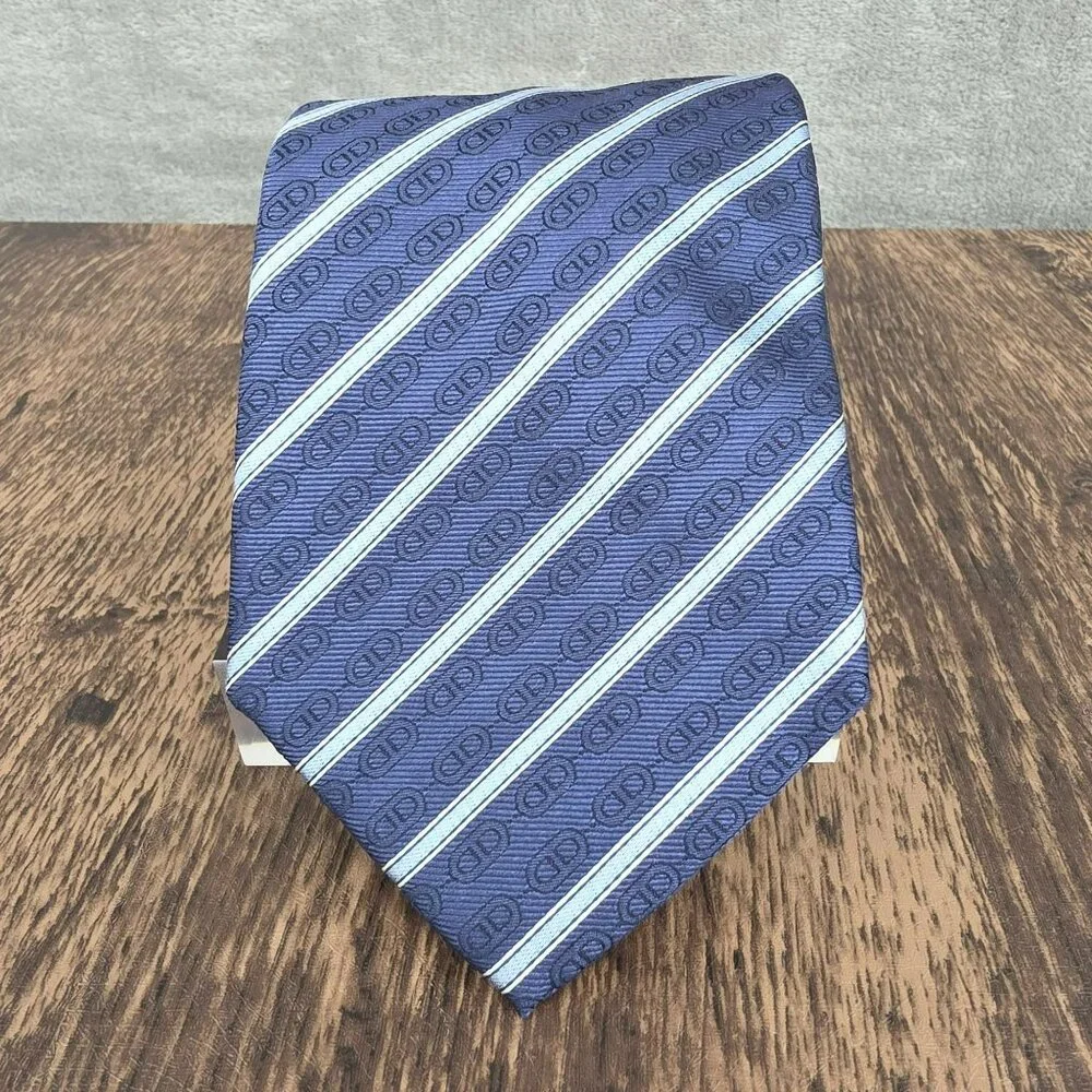 Celine Neck Tie 100% Silk Blue Striped Chain Designer Italian Quality Corpcore